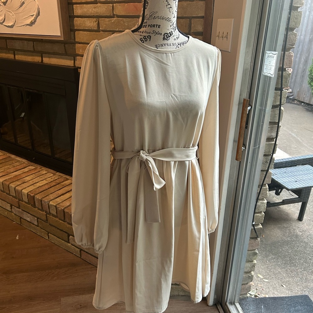 SHEIN Cream Long Sleeve Belted Dress